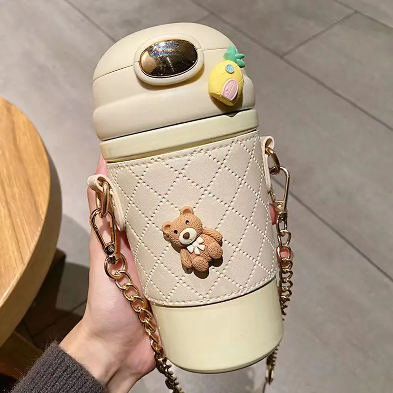 

480ML Portable Women Cute Thermos with straw 304 Stainless Steel Coffee Thermos Tumbler Vacuum Flask Thermocup Water Bottle Cups