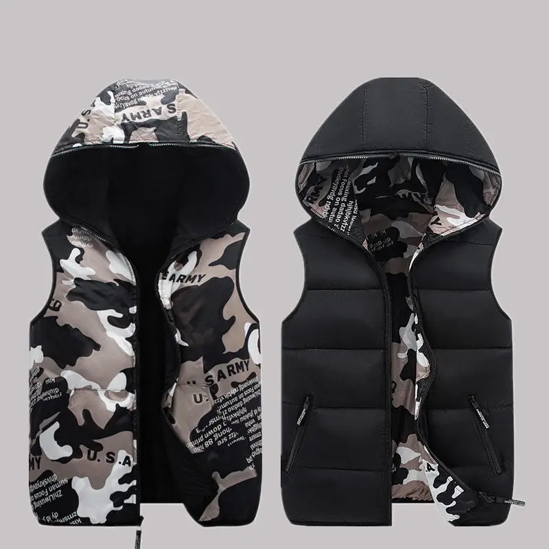 

Men's Cotton Padded Waistcoat Reversible Vest Thick Autumn Winter Warm Coat Outwear Quilting Jacket Male Clothes Men Vests E179