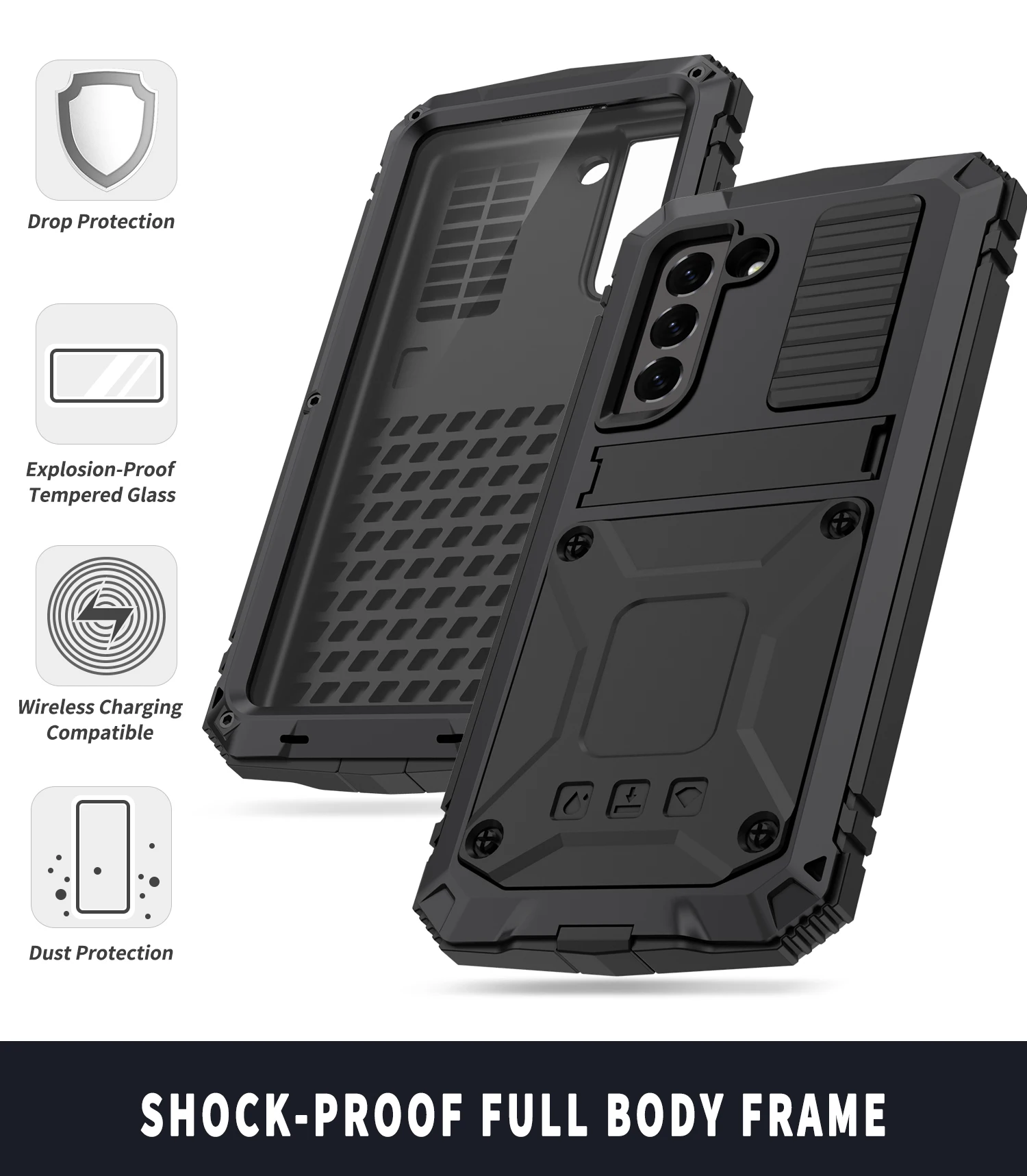 R-just Heavy Duty Armor Phone Case For Samsung Galaxy S21 S20 Plus Fe Metal Aluminum Protective Case & Kickstand Note 20 Ultra
