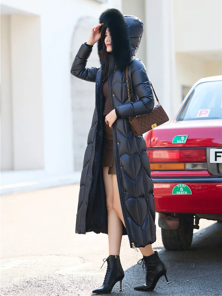 New Women Lengthened Down Coat Winter Fashion Thicken Warm Real Fox Fur Collar Hooded Slim Down Jacket Female Black Overcoat