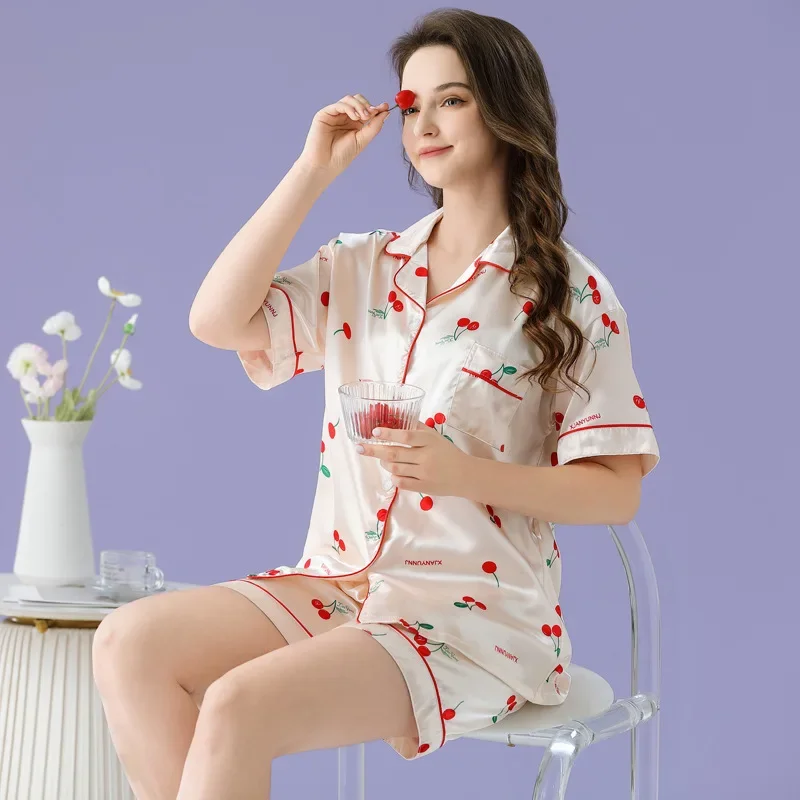 Милые женские летние пижамы с вишневым цветом высококачественная домашняя