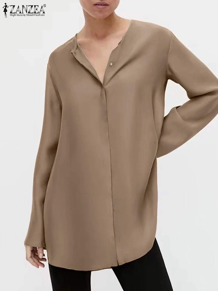 

ZANZEA Fashion Women Office Lady Solid Tops Tunic Loose Satin Shirts 2023 Spring Oversized Casual Blouse Long Sleeve Work Wears