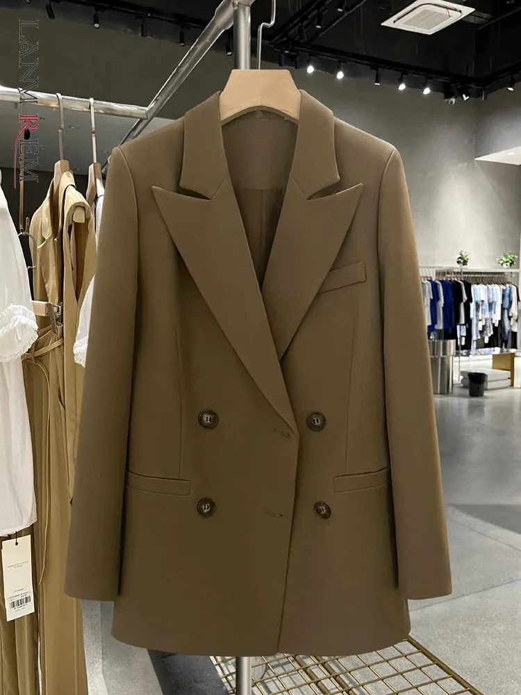 

LANMREM винтажный коричневый блейзер для женщин с зубчатым воротником и длинными рукавами двубортное пальто мода 2023 осень новая одежда 2AA3629