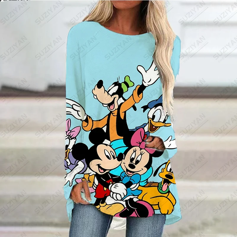 

2023 New Women's Spring Short Skirt Long Sleeve Long Top 3D Printed Disney Loose A-line Round Neck Pullover Large Donald Duck