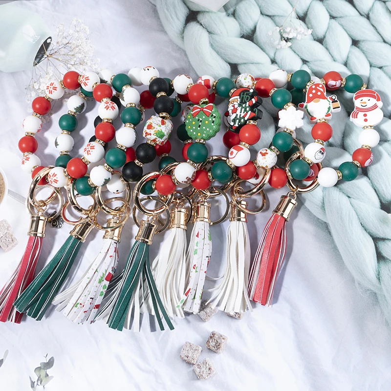 

1 шт. Рождественские красочные силиконовые бусины, браслеты с Санта-Клаусом, брелки для ключей для женщин, подарок, брелок, оптовая продажа