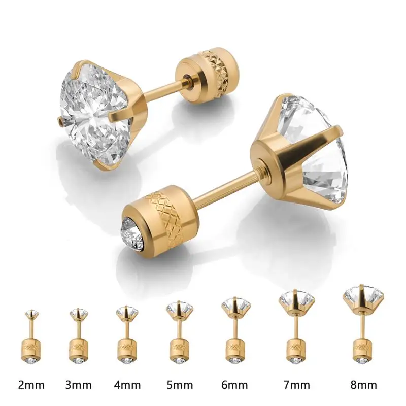 

1Pair Stainless Steel Stud Round Zircon Fine Needle Earrings For Women Men Crystal Screw Ear Studs Anti Allergic Body Jewelry
