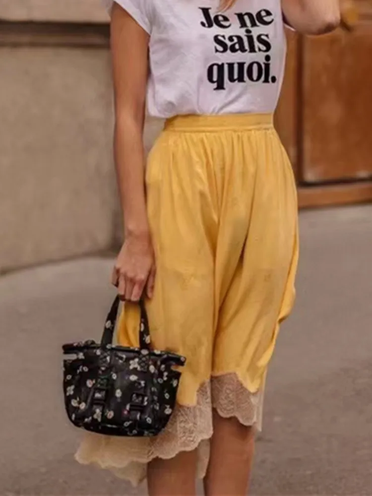 Женская Жаккардовая юбка средней длины желтая Асимметричная кружевная из 100%