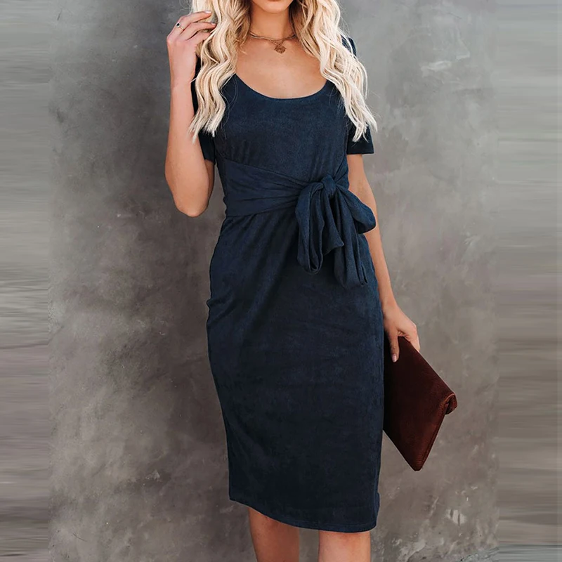 

MISSJOY Summer Short Sleeve Lace Up Dress Casual Round Neck Solid Color Street Loose High Waist Back Slit Women's Midi Dress