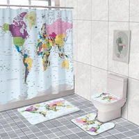 4pcs world map shower curtain sets cartoon education bath curtain non slip colorful bathroom decor rug mat toilet lid cover home