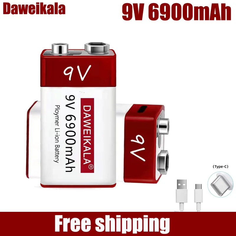 

2022 New 9V 6900mah Lithium Ion Rechargeable Battery Type-C USB Battery 9V Multimeter Lithium Microphone Metal Detector + Cable