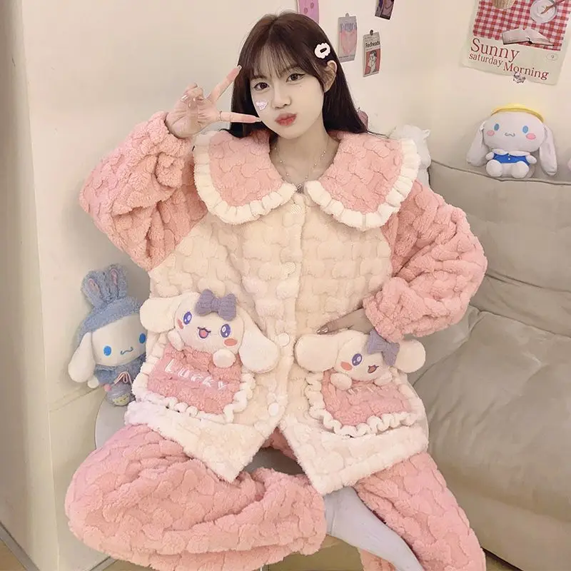 

New Sanrio Hello Kitty Cinnamoroll Cartoon Anime Plush Pajamas My Melody Cardigan Kawaii Girly Home Clothes Set Surprise Gift