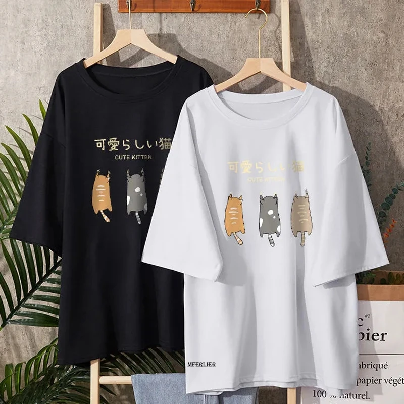 Женская летняя футболка с коротким рукавом и круглым вырезом принтом кошки |