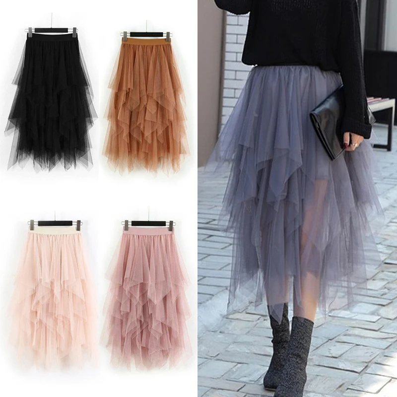 

Hot Sale Long Midi Skirt for Women Black White Pink 2023 Asymmetrical High Waist Ruffles Mesh Tutu Tulle New Fasion