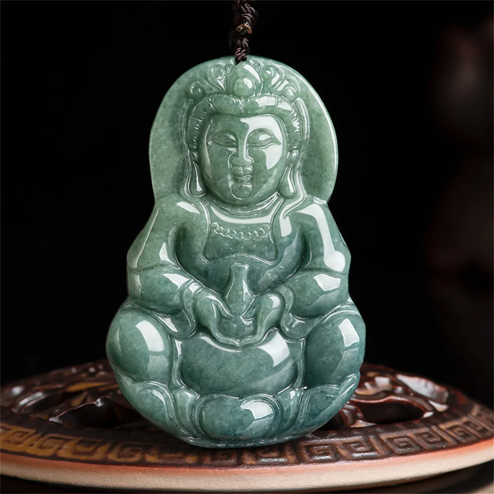 Модный натуральный зеленый жадеит резной большой классический кулон GuanYin Lucky