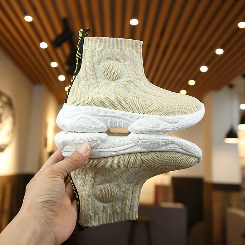 

Кроссовки детские из эластичной ткани, плоская подошва, мягкая подошва, дышащие спортивные, Повседневная модная обувь для начинающих ходить мальчиков и девочек, бежевые