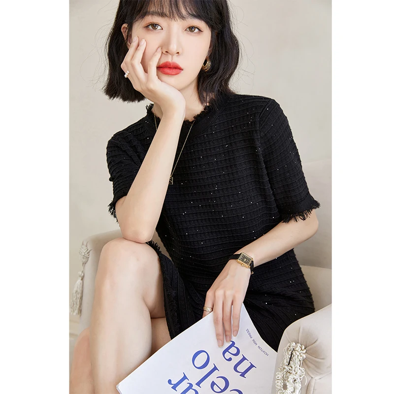 

COIGARSAM Dresses Women Short Sleeve Knitting Tassel Black Sequins Dress Dropshipping