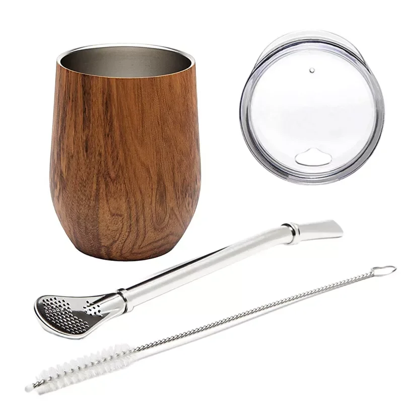 

Yerba Mate Gourd Tea Cup Set 12Oz,Double-Wall Stainless Coffee Water Cup with Lid 1 Bombillas Straws Filter Spoon&Brush