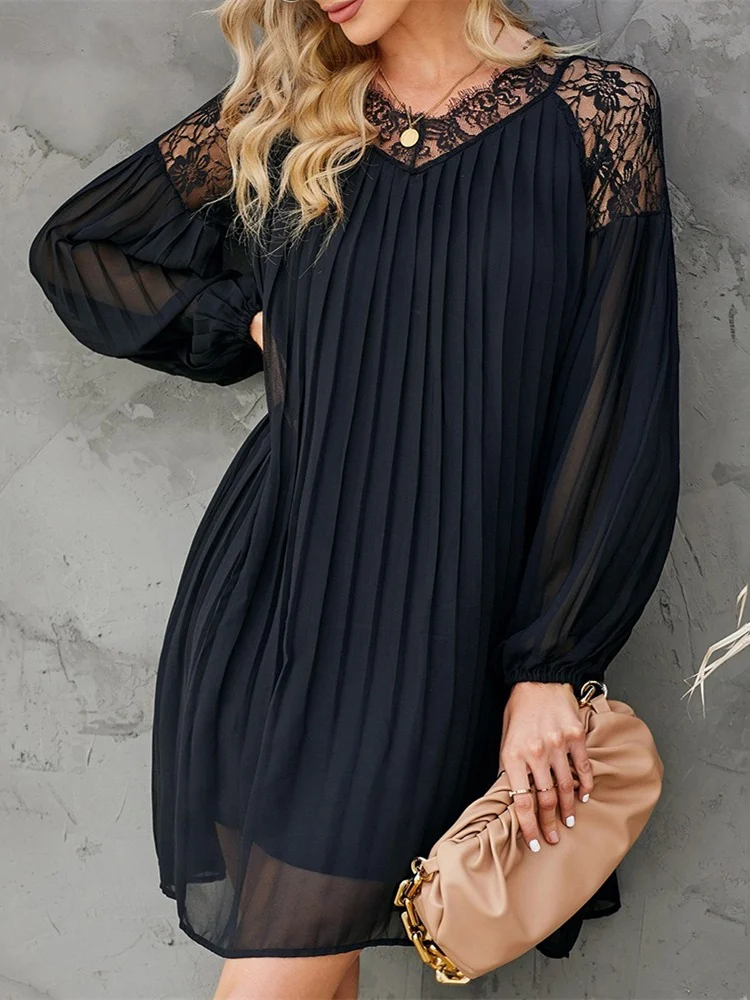 

Mandylandy женское элегантное кружевное лоскутное плиссированное платье модное женское Y2K Ins свободное мини-платье с длинным рукавом и V-образны...