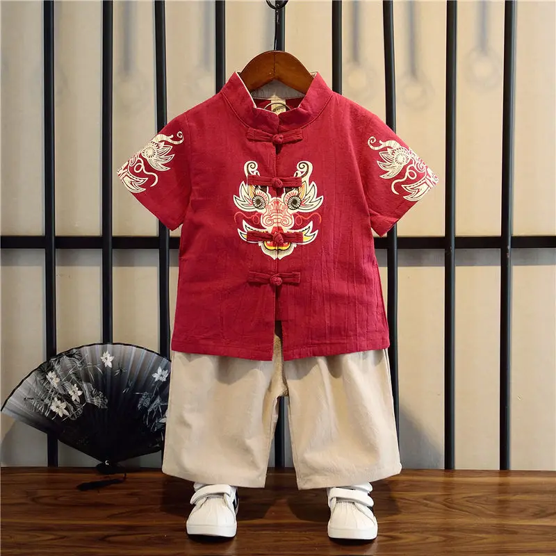 Summer Chinese Cotton Linen Tang Suit for Boy Girls Dragon Embroidery Short Sleeved Top Pant Set Baby Chinese New Year Clothes