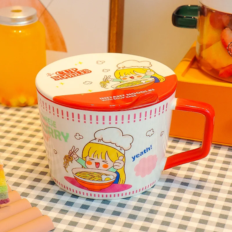 

Cartoon Instant Noodle Ramen Bowl with Cover 950ml Salad Bowl Ceramic Soup Handle Cup Student Office Lunch Box Boy Girl Cozinha