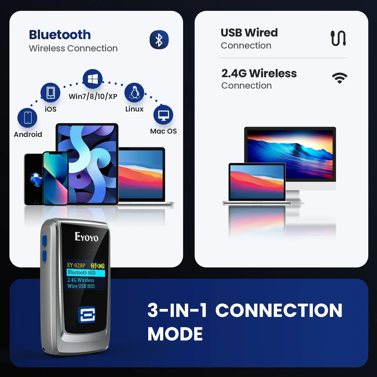 Мини-сканер Eyoyo Bluetooth-сканер QR-кода с ЖК-дисплеем портативный беспроводной 1D