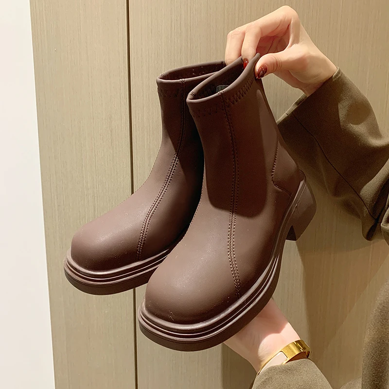 

Однотонные женские ботинки из искусственной кожи 2022, модные однотонные ботинки на толстой подошве, модная Повседневная Удобная женская обу...