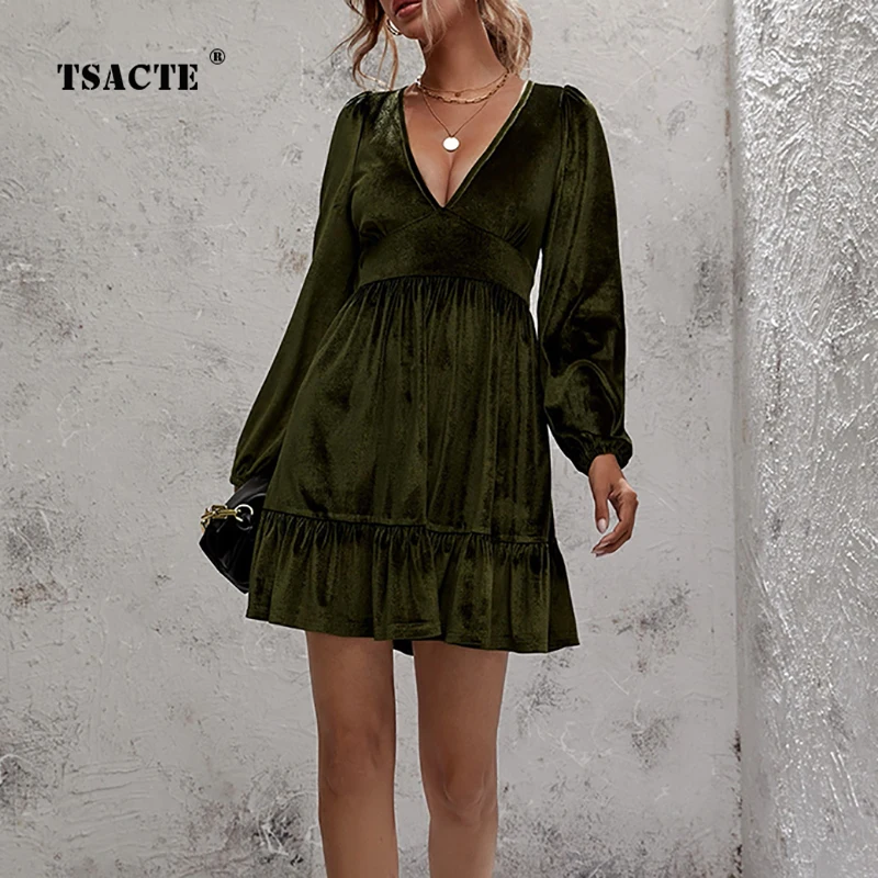 

Женское бархатное платье с длинным рукавом, темно-зеленое платье с глубоким V-образным вырезом и оборками, модное элегантное платье с высоко...