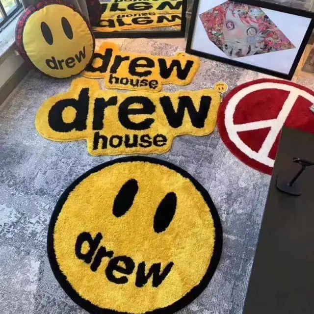 Drew Smiley Round Carpet Drew Smiling Face Chair Mats Fashion Faux Wool Floor Mat Anti-skid for Bedroom Living Room Area Rug