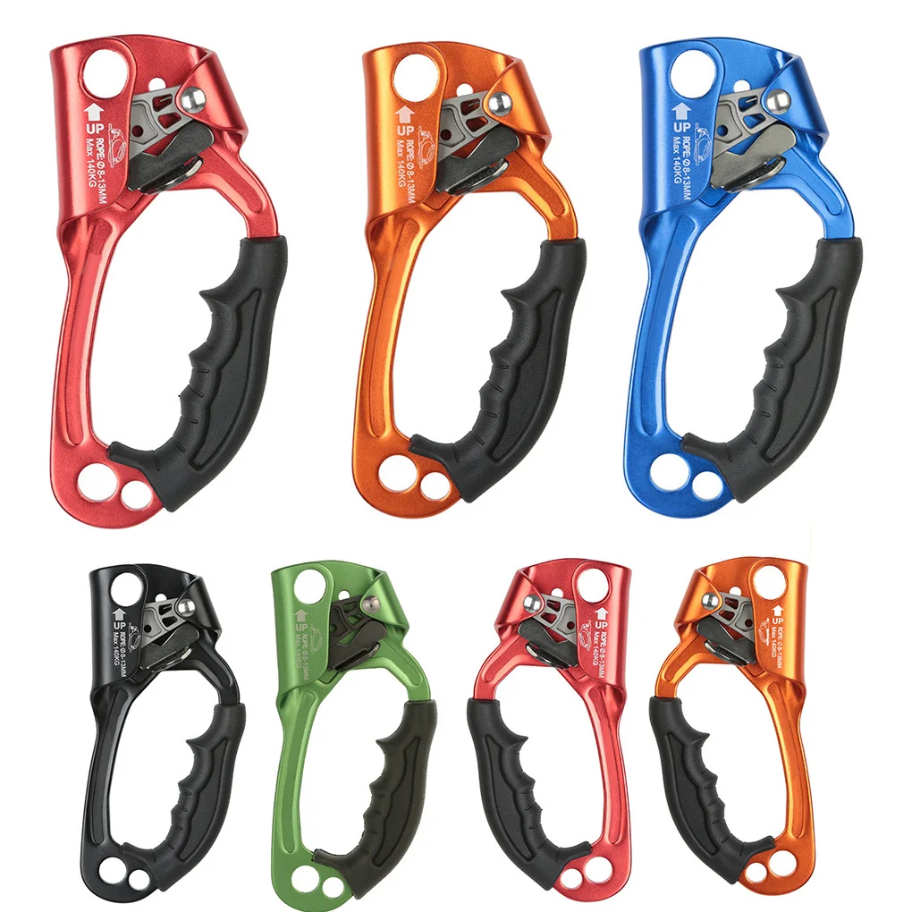 

Hand Rock Climbing Ascender with Hanging Holes Rappelling Gear with Elastic Spring 8-12mm Rope Emergency Red Right