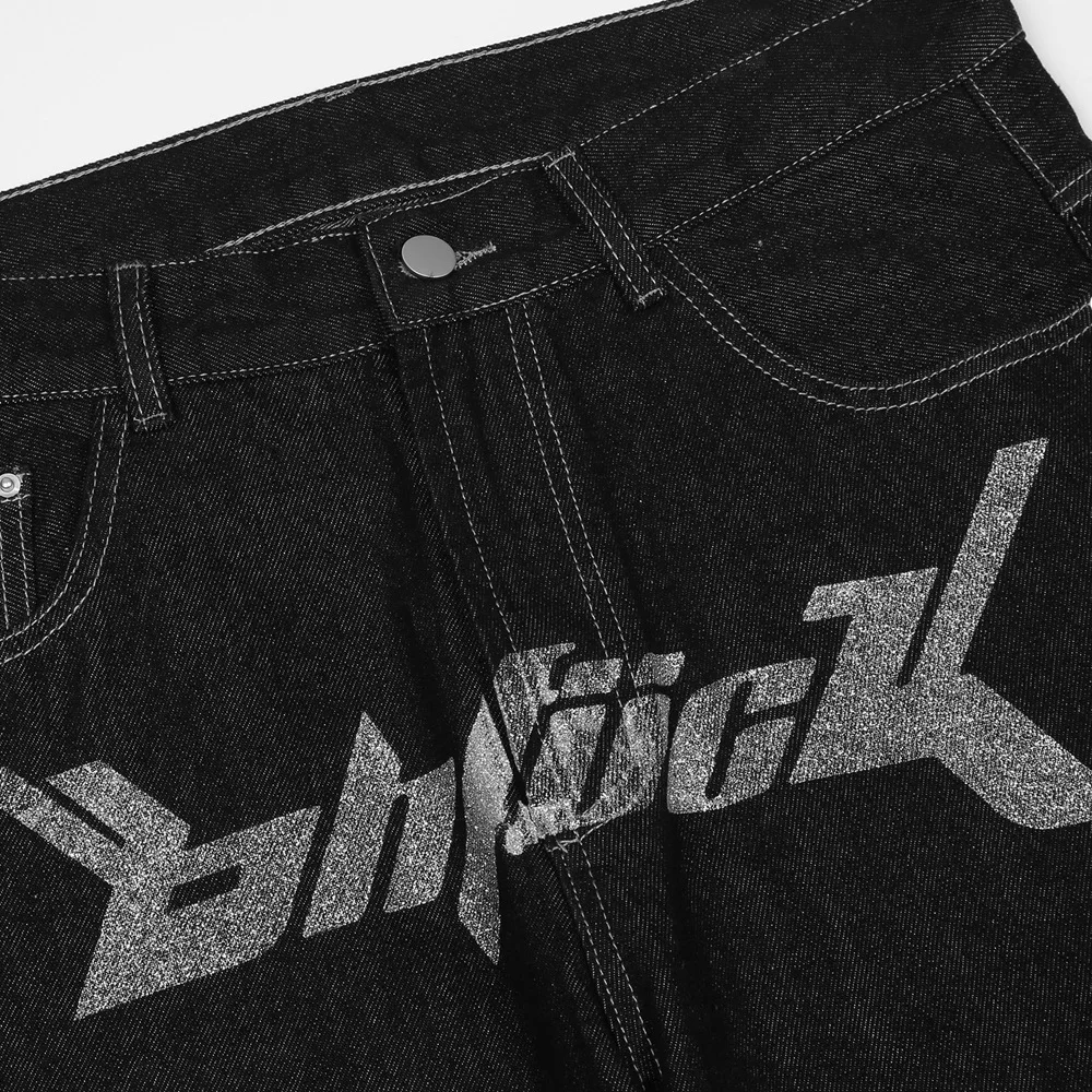 European and American Letter Printing Jeans Men's Fashion Brand Loose Straight Pants Dark Black Casual Dad Pants