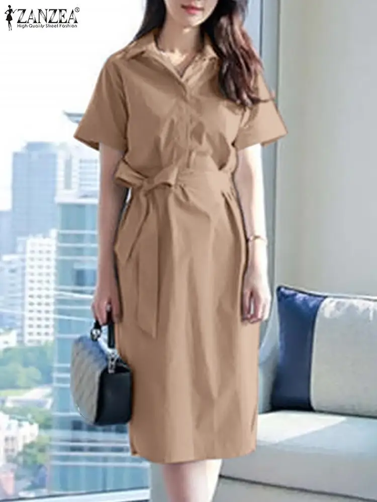 

ZANZEA Woman Solid Office Dress Lapel Short Sleeve Button Elastic Waist Sundress Summer Female Vintage Causal OL Robe 2022