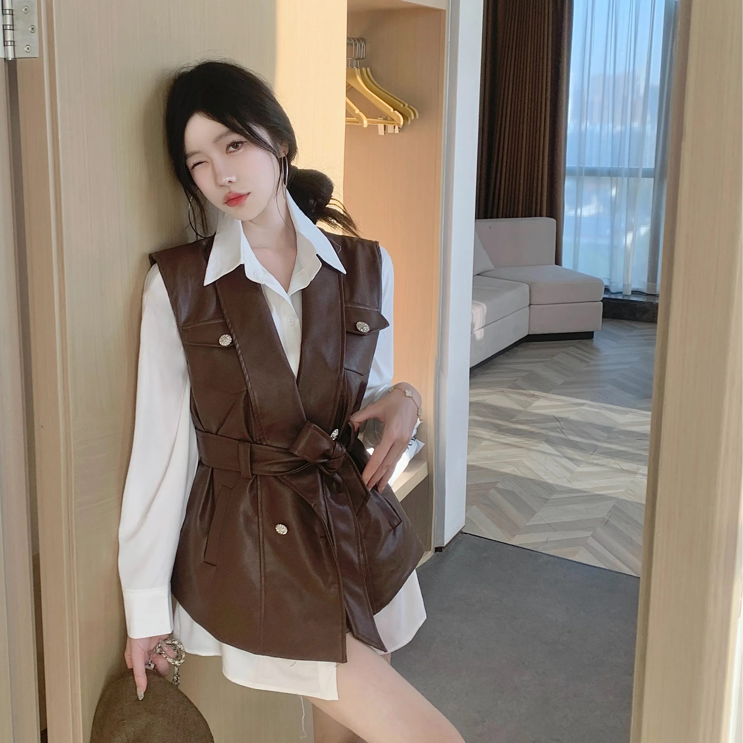 Женский жилет из искусственной кожи однотонный кардиган без рукавов с открытой