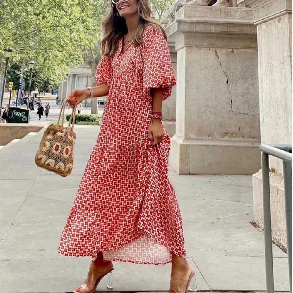 

Plus Size Long V Neck Dress Women Bohemian Beach Dresses Cotton Casual Elegant Maxi Dress Female Vestidos Ankle Length Outfits