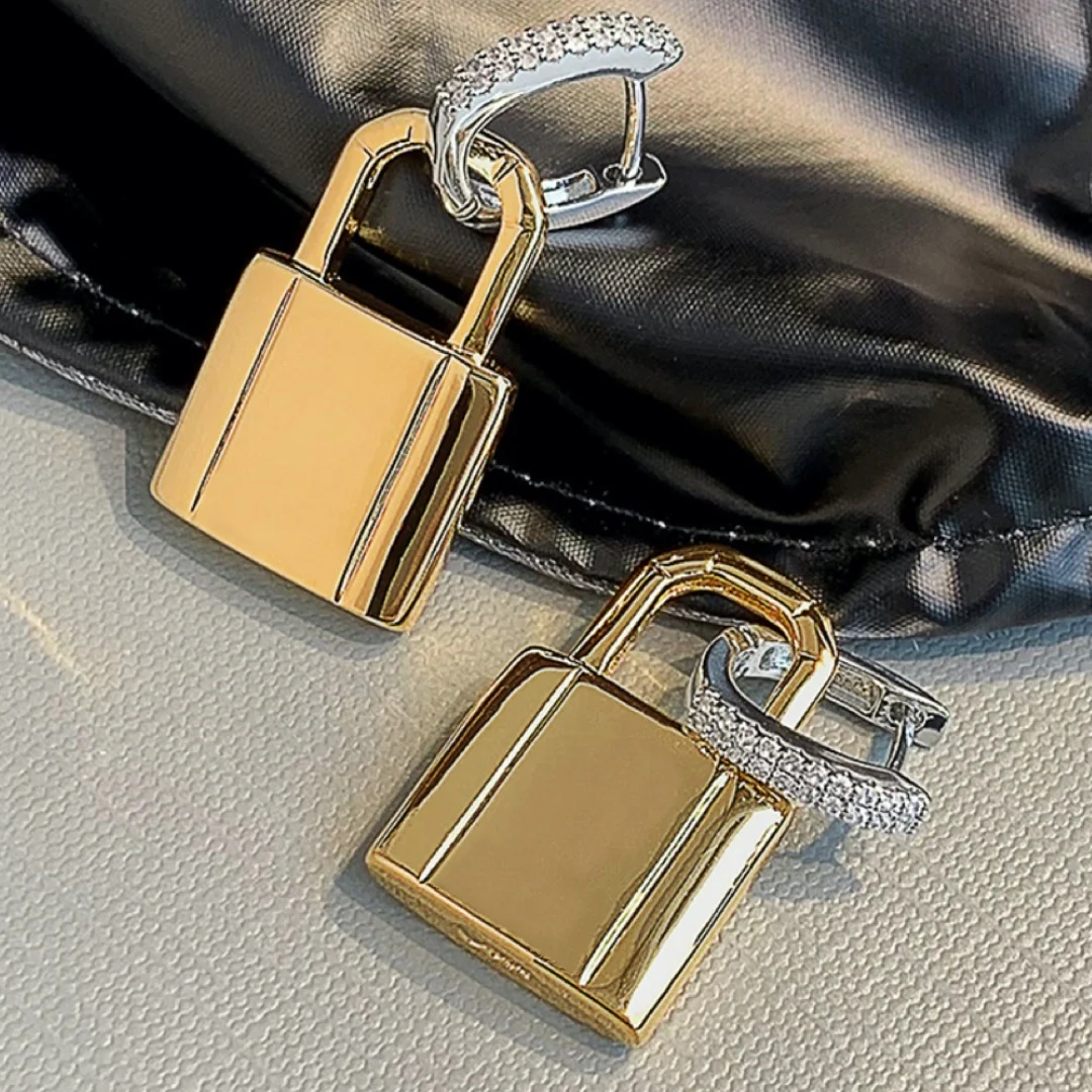 Brass Padlock Earrings 18K Gold Plated Jewelry Very Stylish Personality Padlock Earrings High Quality Luxury Jewelry Party Gift