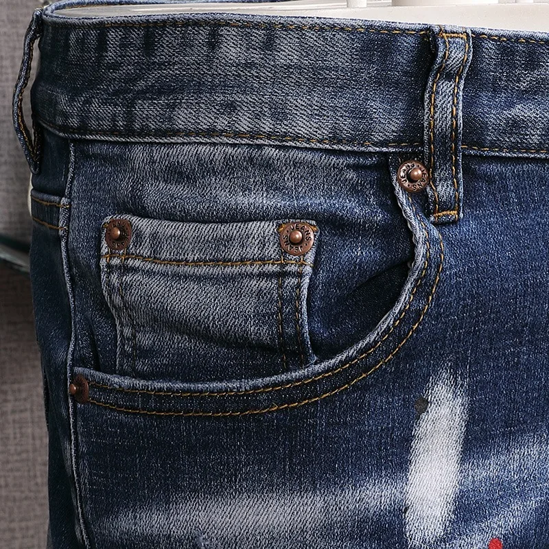 Ripped Denim Shorts Men Fashion Embroidery Dots Printed Short Jeans Summer Streetwear Casual Blue Straight Slim Fit Pants