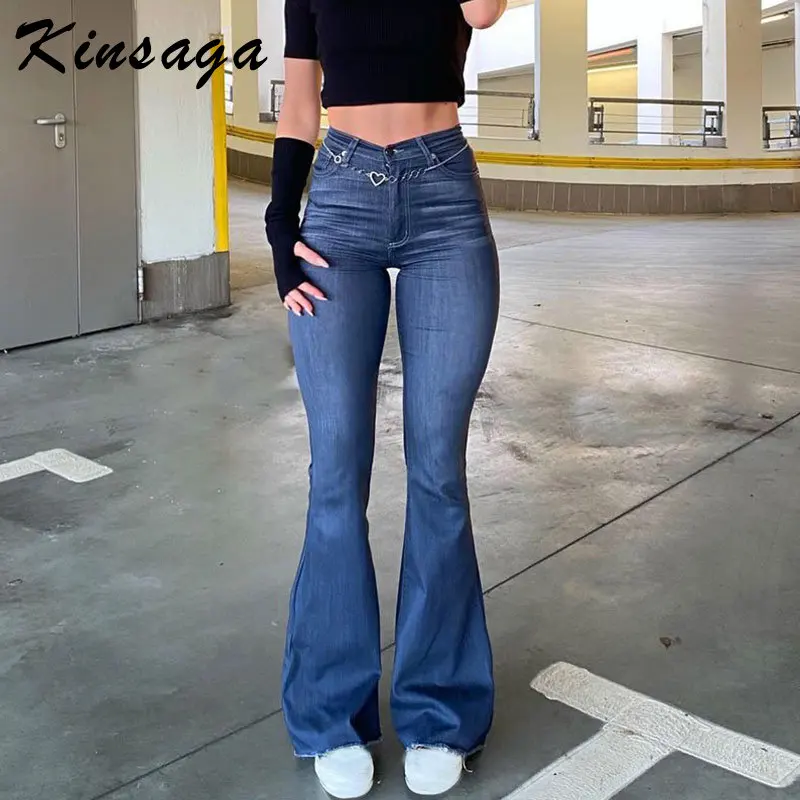 

Синие расклешенные джинсовые брюки Y2k Egirl с высокой талией, облегающие эластичные джинсы в стиле ретро с широкими штанинами и бахромой, улич...