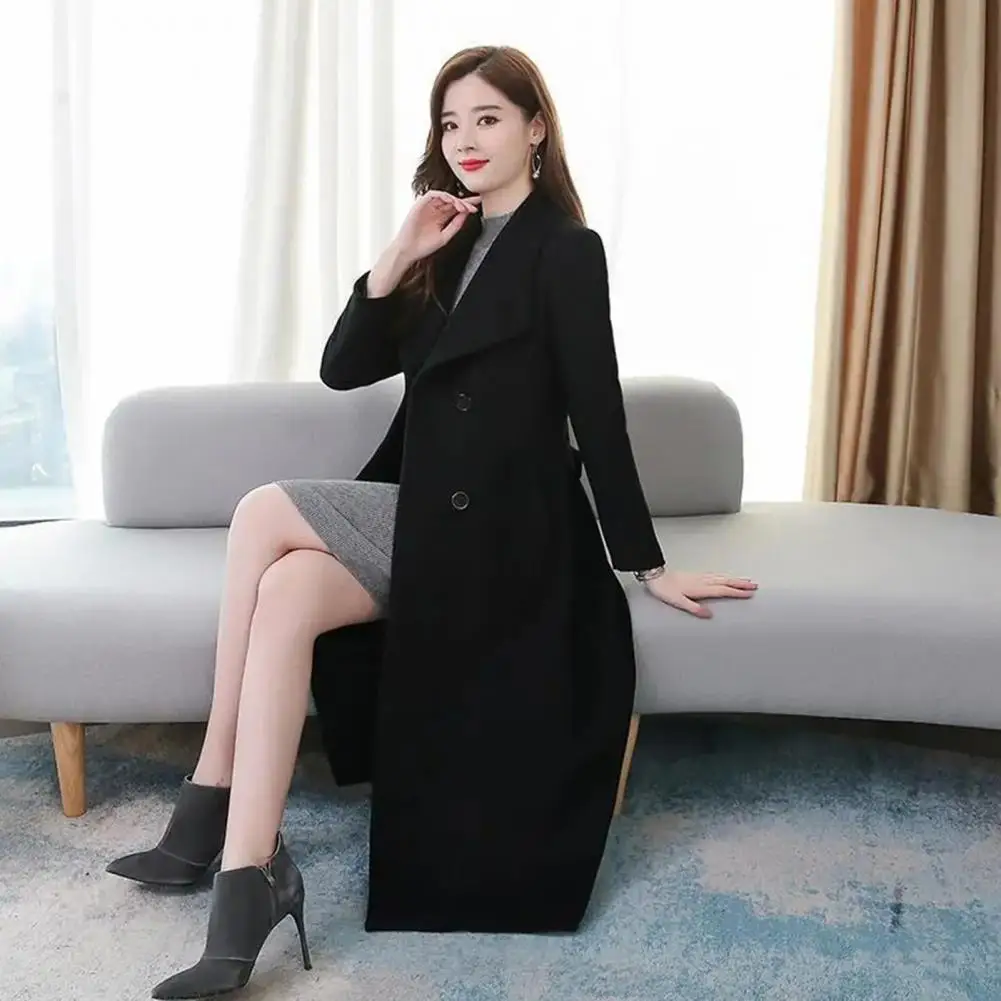 

Popular Skin-touching Woolen Coat Loose Hem Lady Winter Solid Color Mid-Calf Length Buttons Woolen Jacket Coat Coldproof