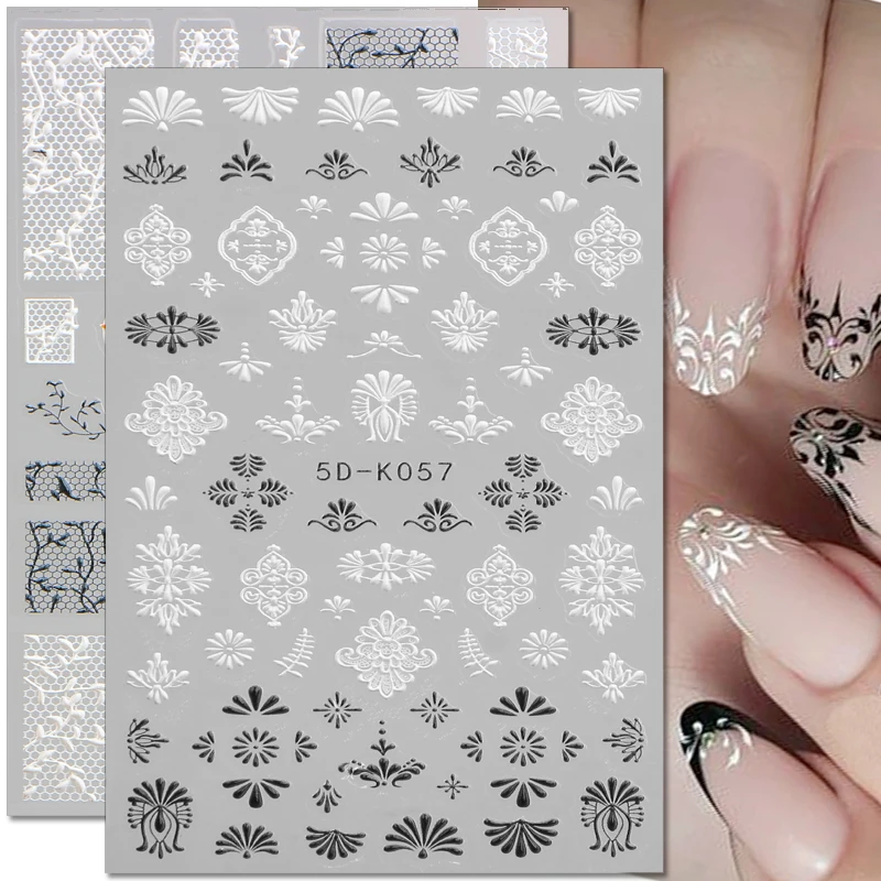 

5D Embossed Flower Lace Nail Stickers White Floral Engraved Nail Decals Summer Slider DIY Design Manicure Nail Art Decoration