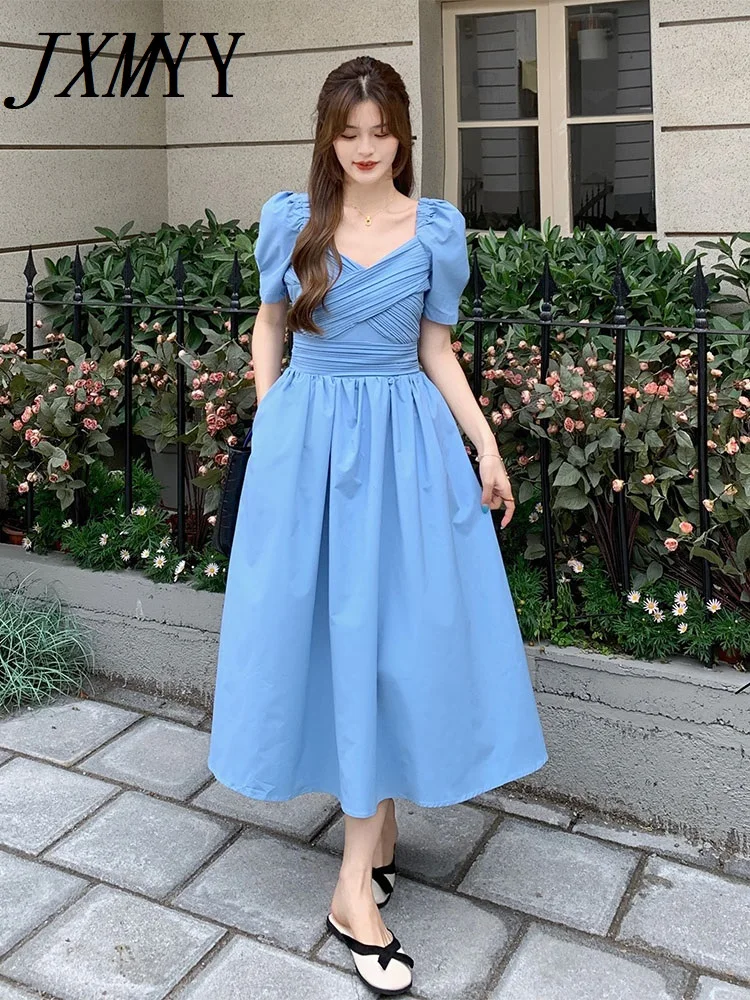 

JXMYY 2022 Summer Fashion New Elegant Temperament Ladies Korean Skirt French Pleated Puff Sleeve Long Dress