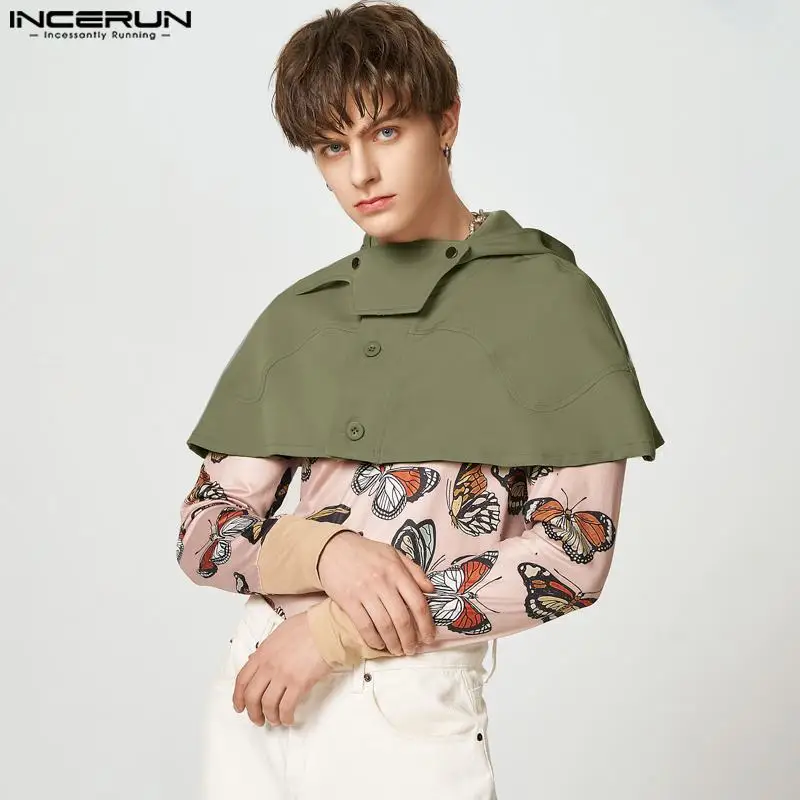 

INCERUN 2023 Summer Spring Tops Men's Sleeveless Hooded Cloaks Cape Short Trench Thin Jackets Fashion Male Streetwear S-5XL