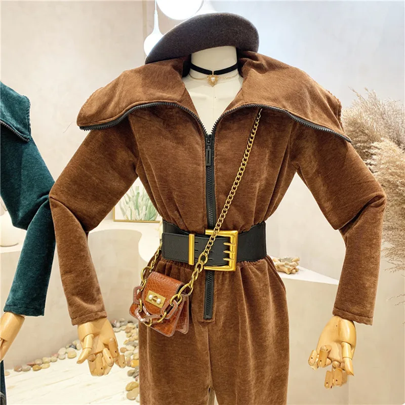

Niche Design New Women's Clothes 2021 Autumn Winter Retro Large Lapel Temperament Corduroy Jumpsuit With Belt