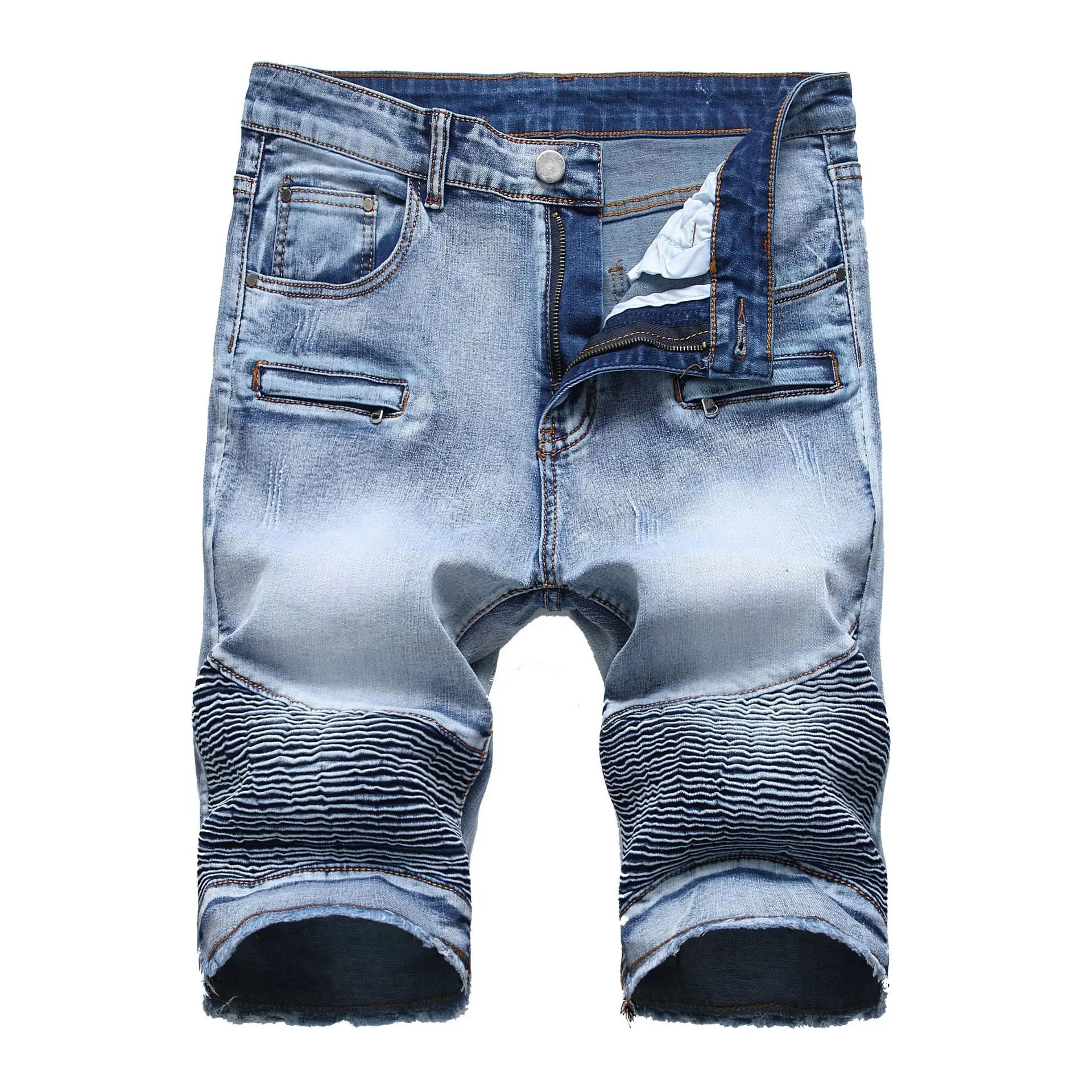 Men's denim casual sports shorts Motorcycle zipper wrinkle men's  stretch mid-length pants quarter