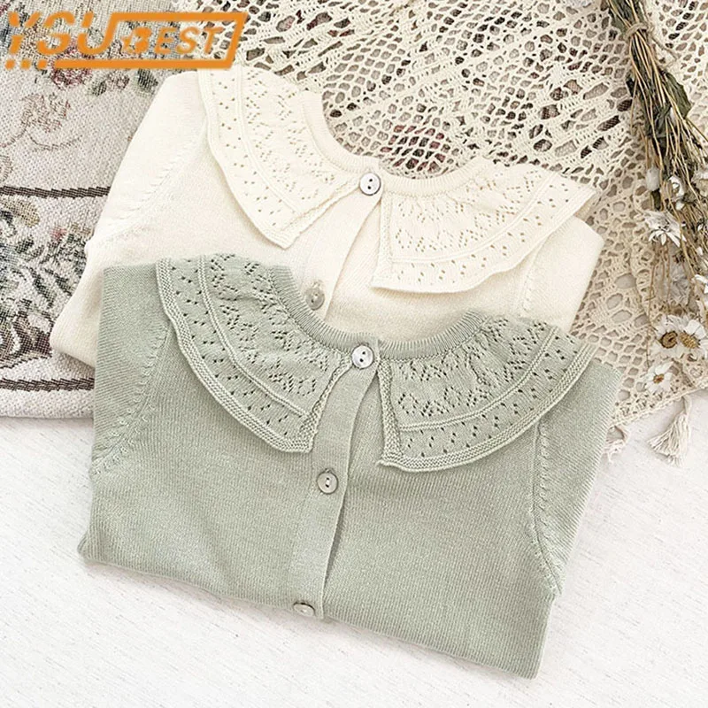 

2022 Spring Autumn Baby Girl Hollow Sweater Clothes Baby Girl Lotus Leaf Lapel Long Sleeves Pure Color Baby Knitted Clothes
