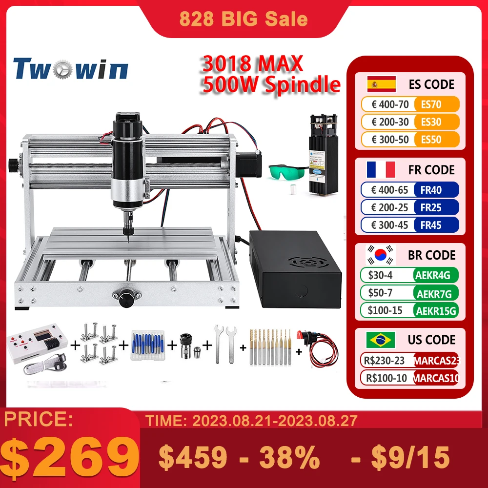 TWOWIN 3018 Max 500W CNC Laser Engraver DIY Cutting Milling Router Laser Engraving Machine Wood Metal Stone 3D Printer