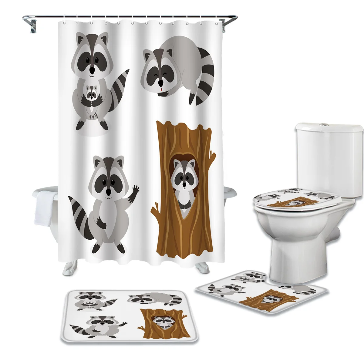 

Black Gray Raccoon Cute Arbor Waterproof Bathroom Curtains Set Toilet Lid Cover Anti-Slip Shower Room Floor Mats
