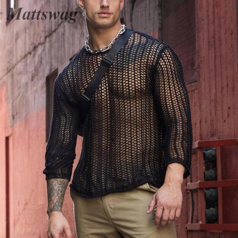 

Men Sexy Hollowed Perspective O Neck T Shirts Summer Casual Daily Long Sleeve Men's Clothing Fashion Beach Seaside Top de Hombre