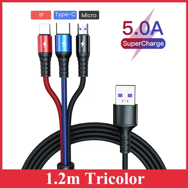 

3 in 1 5A Super Fast Charging USB Cable for Huawei For iPhone 13 12 11 Pro Fast Charger 8 Pin Micro USB Type C Cable for Samsung