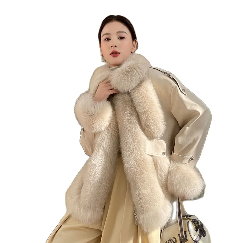 New Women Real Fur Coat Autumn Winter Casual Double-faced Fox Fur Patchwork Sheepskin Fur Jacket Loose Down Liner Outerwear