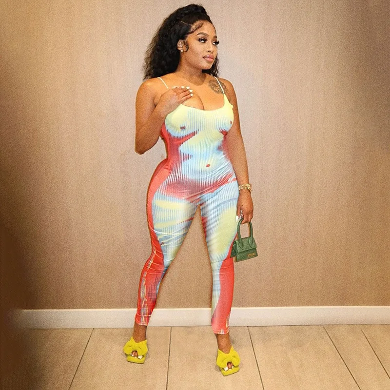 

BKLD Sexy Outfit Women Club Summer New Sleeveless Bandage Cross Spaghetti Strap Backless Casual Print Slim Fit Long Jumpsuit