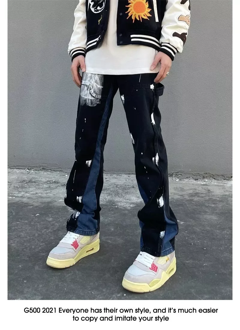 

2022New sense splash ink graffiti jeans high street vibe pants men's stitching straight loose black American long pants tide